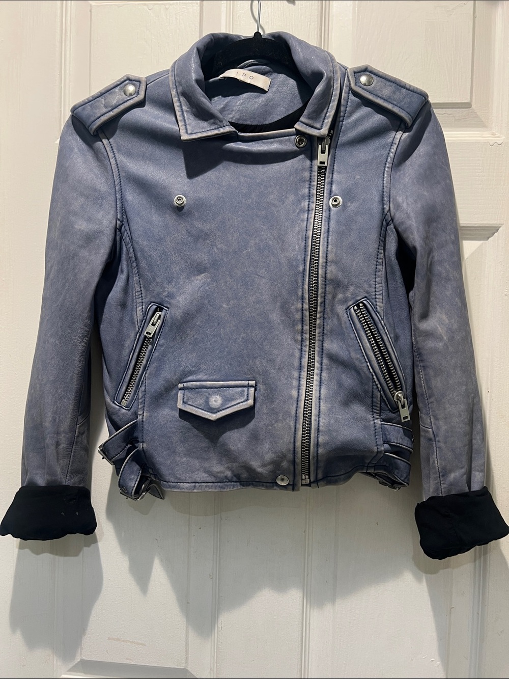 IRO Distressed Slate Blue Leather Moto Jacket